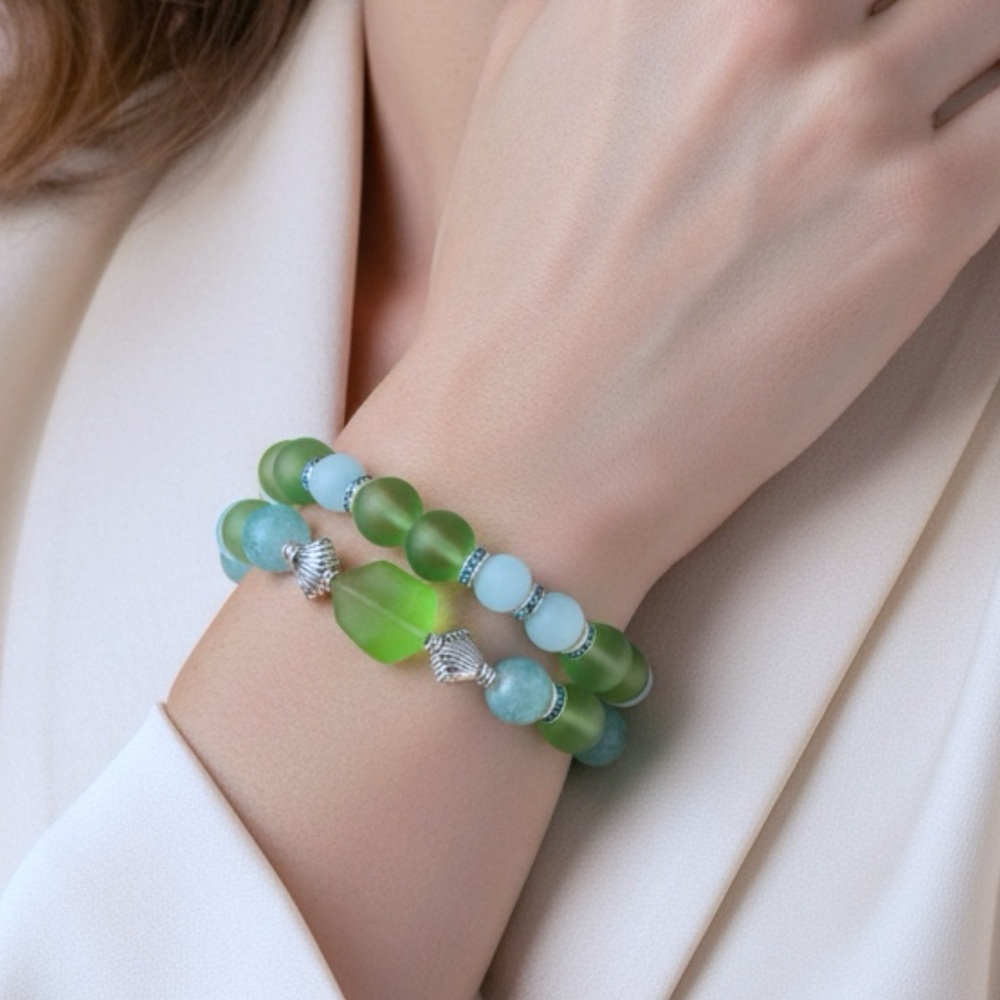 Wave’s Caress Signature Series Blue Crackle Agate and Green Glass Bracelets